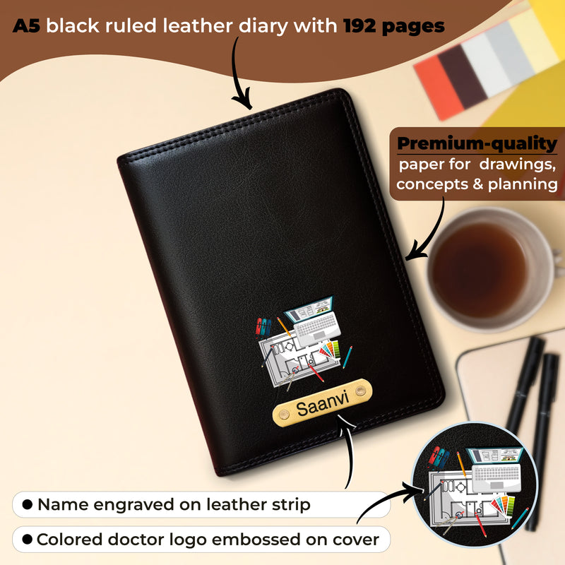 Customized Black Leather Diary with Coloured Logo Embossed & Name Engraved Pen.