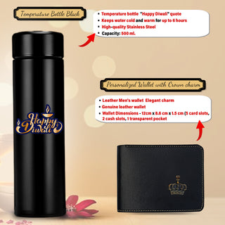 Diwali Gift Set – Men's Leather Wallet, King Charm, Keychain, Pen & 'Happy Diwali' Bottle.