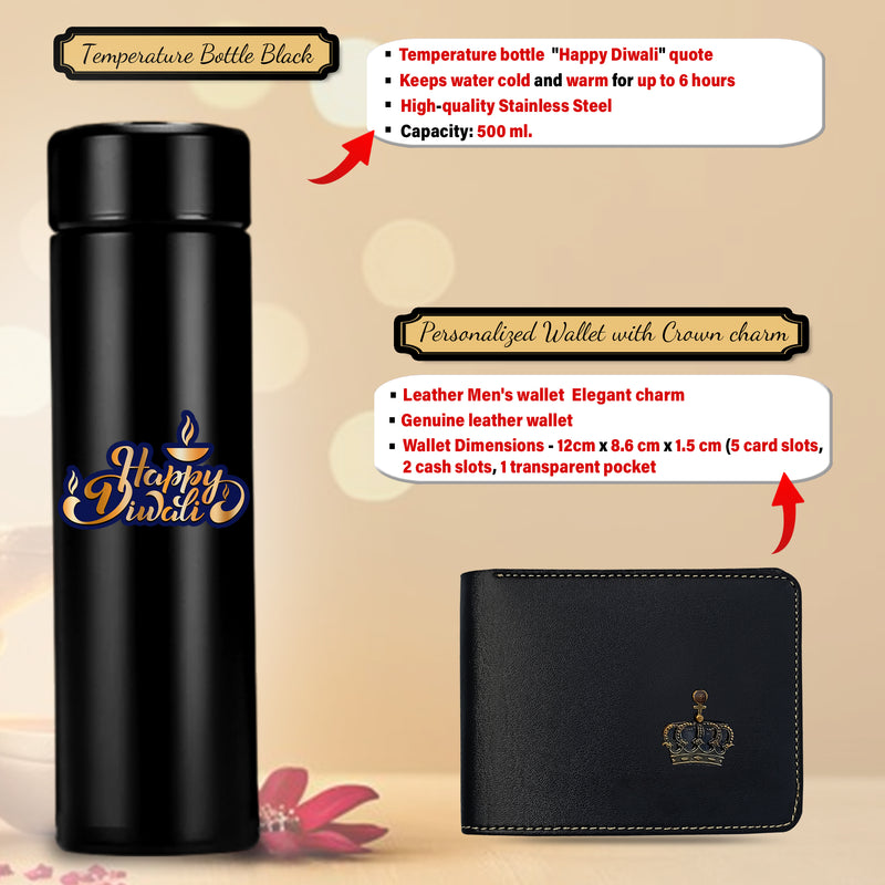 Diwali Gift Set – Men's Leather Wallet, King Charm, Keychain, Pen & 'Happy Diwali' Bottle.