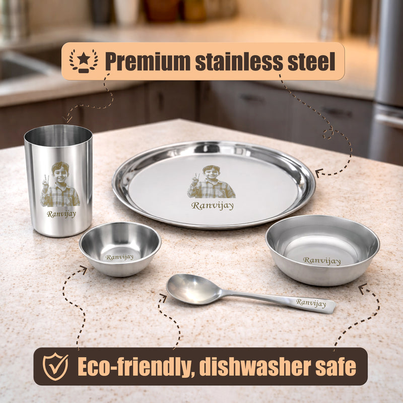 Personalized Stainless Steel Meal Set for Kids –Custom Laser Photo Printed with Name.