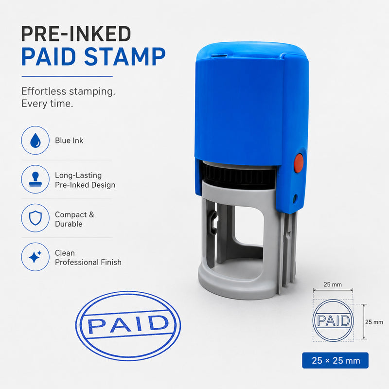 PAID Round Pre-Inked Stamp | Ready-to-Use Blue Ink Office Seal for Documents & Accounts