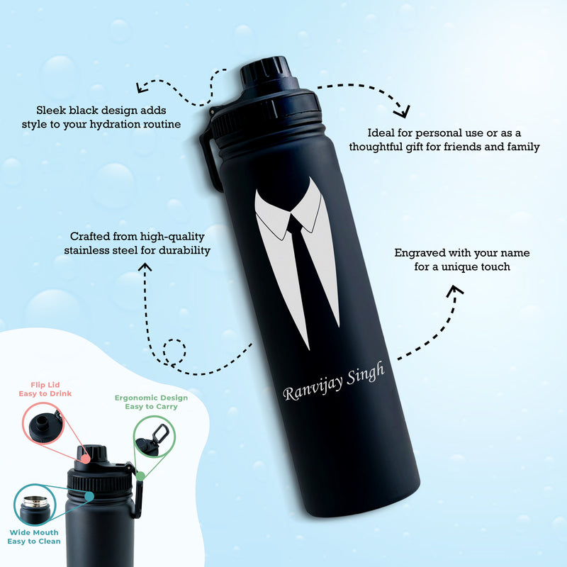 Water Bottle for Men With Name & Suit Design Engraved.