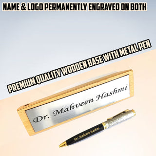 Metal Pen & Wooden Desk Name Plate cum Pen Stand with Engraved Name