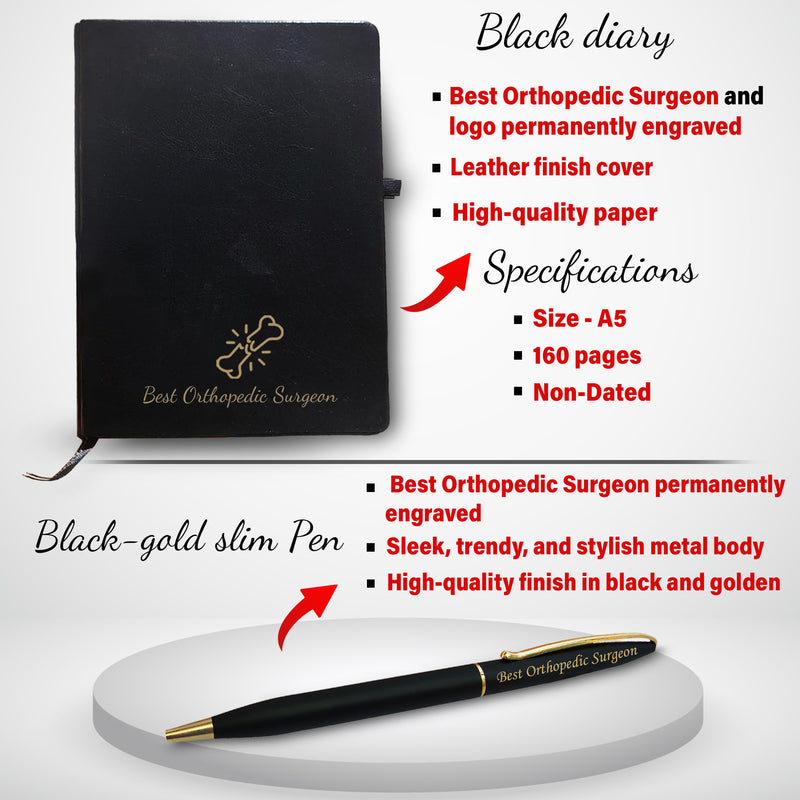 Orthopedic Combo-  Pen with 'Best Orthopedic Surgeon' Engraved, Pen Stand & Diary with Orthopedic Logo.