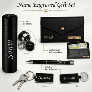 Customized Gifts Combo Set for Women(4 Pcs) –Customized Name Clutch, Stainless Steel Bottle, Pen & Keychain | Premium Gift Hamper