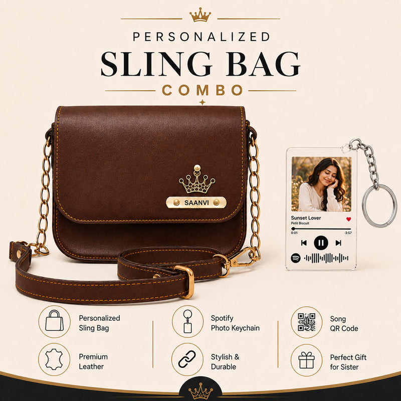 Customized Leather Sling Bag with Name & Charm and Spotify Photo Keychain with Favourite Song | Personalized Rakhi Gift for Sister