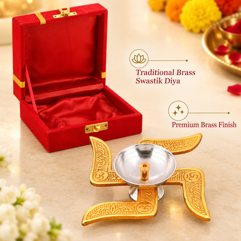 Gifts Brass Swastik Diya with Red Gift Box | Traditional Pooja Deepak for Diwali, Housewarming & Gifting