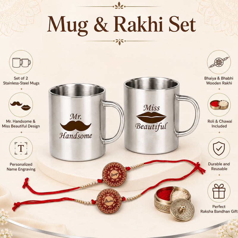 Couple Steel Mug Set of 2 with Rakhi Roli Chawal, Bhai Bhabhi Mug Set.