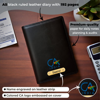 Customized Black Leather Diary with Colored CA Logo Design & Name Engraved Pen.