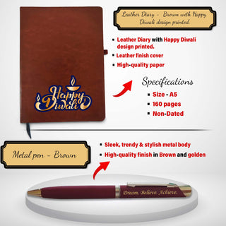 Diwali Gift Set -Pen,Diary & Pen Stand with 'Happy Diwali' Quote Engraved