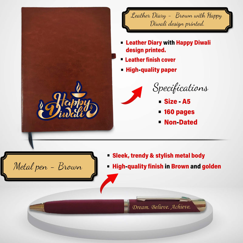 Diwali Gift Set -Pen,Diary & Pen Stand with 'Happy Diwali' Quote Engraved