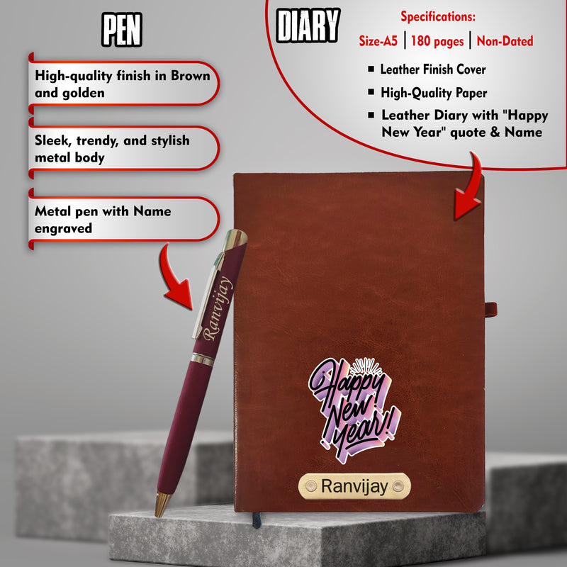 Customized New Year Gift Hamper - Brown Pen, Diary, and Pen Stand