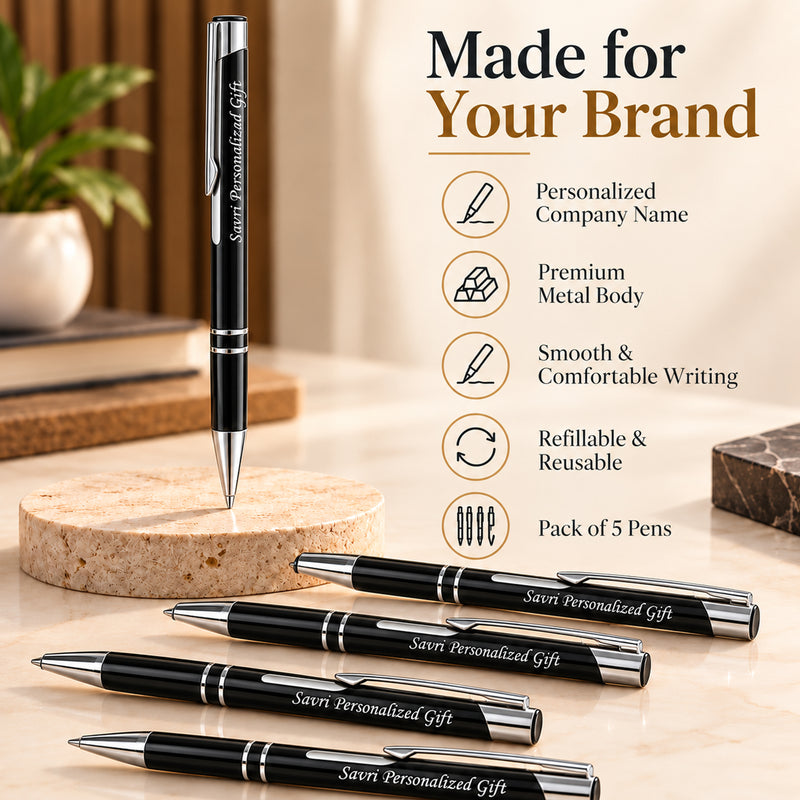 Personalized Metal Ballpoint Pens with Company Name Printed | Black Pen Pack of 5 | Refillable Corporate Pens