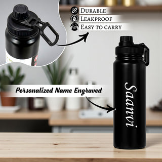 Customized 800 ML Stainless Steel Bottle & Black Cap – With Custom Name.