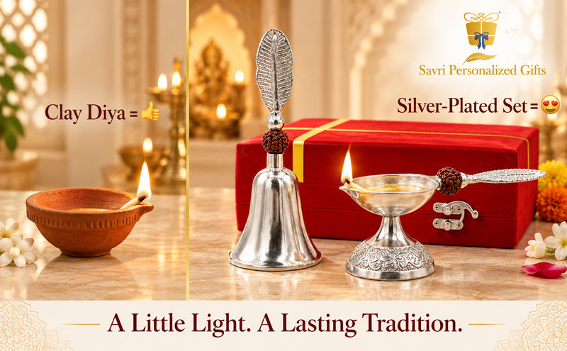 Silver Plated German Diya & Bell Set with Feather Handles & Red Gift Box | Diwali, Pooja & Housewarming Gift