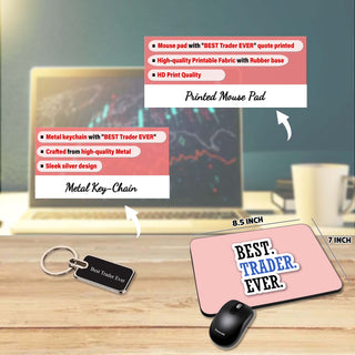 Trader Gift Set – Pen & Keychain, Mouse Pad & Black T-Shirt with BEST Trader EVER Quote Printed.