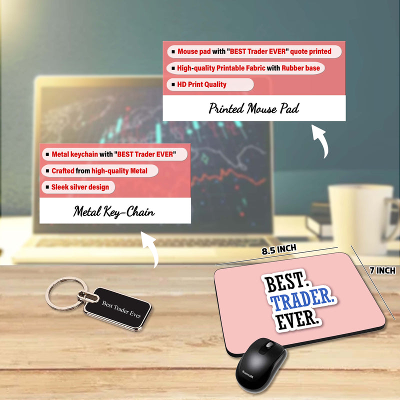 Trader Gift Set – Pen & Keychain, Mouse Pad & Black T-Shirt with BEST Trader EVER Quote Printed.