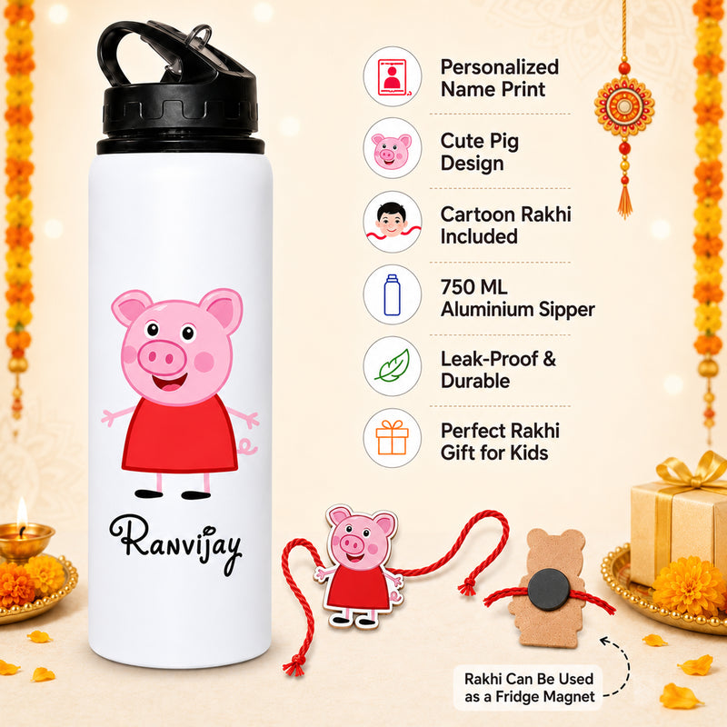 Customized 750 ML Aluminium Sipper Bottle with Name & Favourite Cartoon Print & Personalized Cartoon Caricature Rakhi (Copy) (Copy)