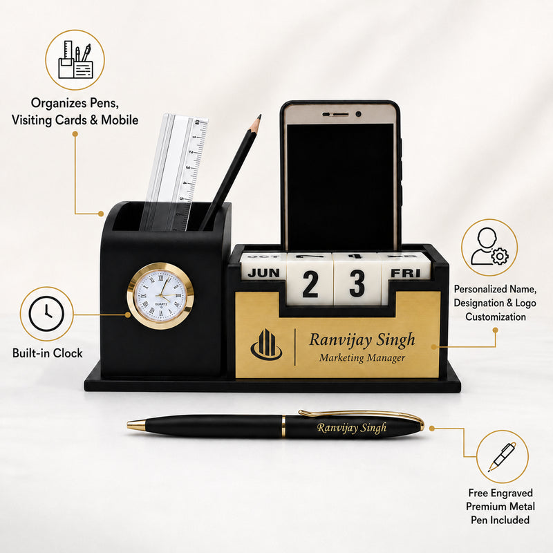Personalized Pen and Pen Stand with Date & Clock.