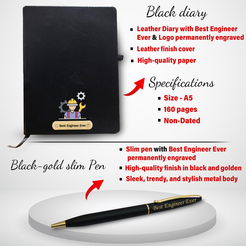 Engineer Combo - Pen Stand, Slim Pen & Diary with 'Best Engineer Ever' & Logo Engraved.