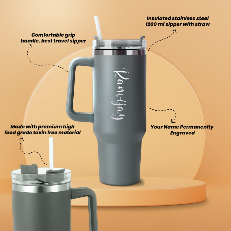 Personalized Stainless Steel Travel Tumbler with Lid, Straw & Name Engraving.