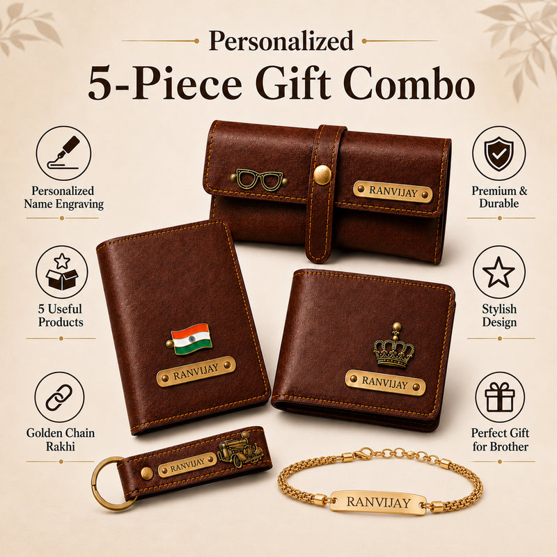 Customized Rakhi Gift for Men | Customized Men's Gift Combo Set 4 Pcs with Name Engraving & Golden Chain Rakhi