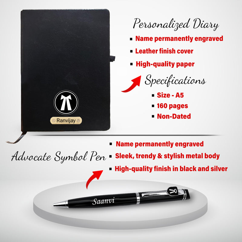 Customized Advocate Gift Set: Personalized Keychain, Bottle, Pen, Clutch & Diary.