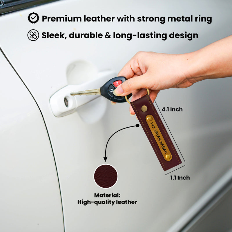 Leather Keychain Set of 2 with Custom Name, House Number & Mobile Number Engraved