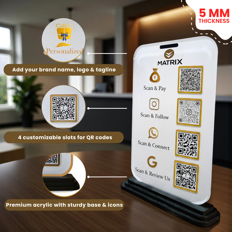 Custom Acrylic QR Code Stand with 4 QR Slots – 6x8 Inch Table Display