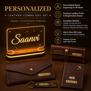 Customized Female Gift 5 Pcs Combo Set with Leather Combo 4 Set and a Led Acrylic Name Frame.