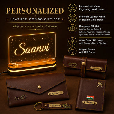 Customized Female Gift 5 Pcs Combo Set with Leather Combo 4 Set and a Led Acrylic Name Frame.