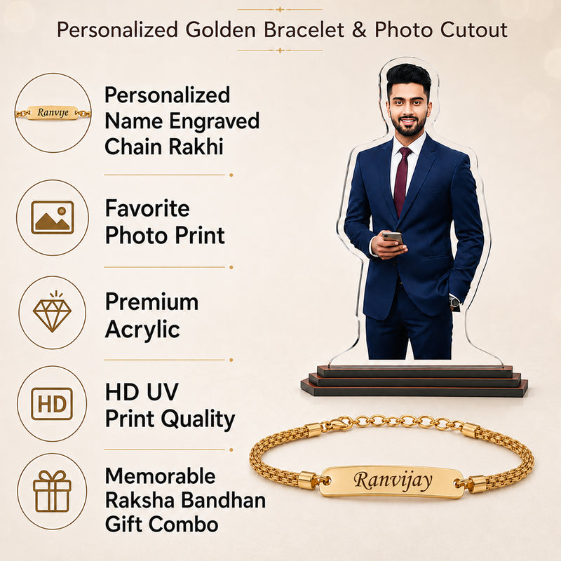 Customized Chain Rakhi with Name Engraving & Customized 6 x 8 Inch Acrylic Photo Cutout with Favourite Picture Printed