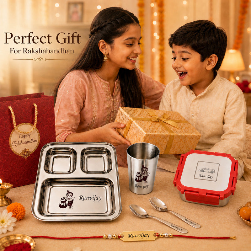 Customized Rakhi Gift Set | Custom Name Engraved 3 Compartment Steel Plate, Lunch Box & Foil Rakhi