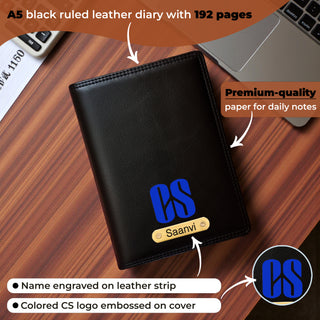 Customized Black Leather Diary with Colored CS Logo Design & Name Engraved Pen.