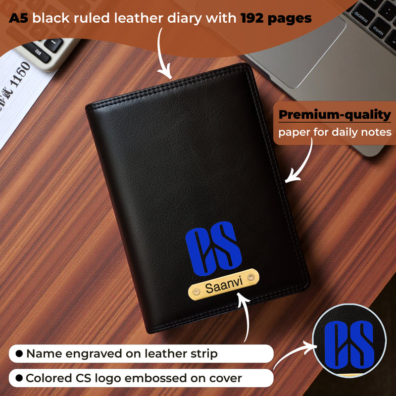 Customized Black Leather Diary with Colored CS Logo Design & Name Engraved Pen.