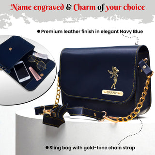 Leather Couple Gift Combo of a personalized Men's wallet and women's chain sling bag with a name and elegant charm.