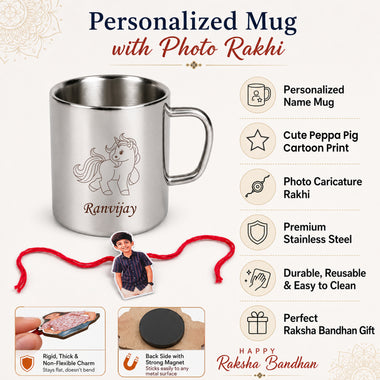 Customized Steel Mug with Name & Unicorn Cartoon Print and Customized Photo Caricature Rakhi