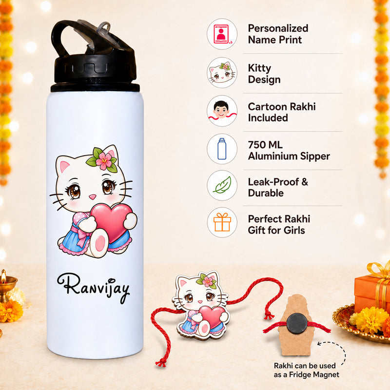 Customized 750 ML Aluminium Sipper Bottle with Name & Favourite Cartoon Print & Personalized Cartoon Caricature Rakhi