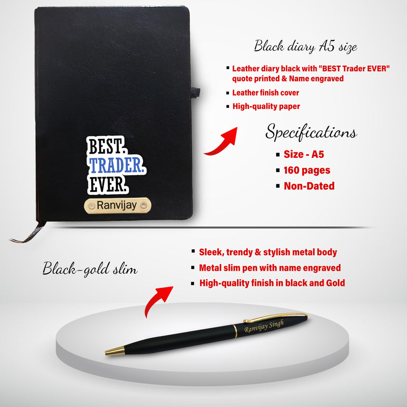 Customized Trader Gift Set – Metal Keychain, Temperature Bottle, Slim Pen, and A5 Black Diary.