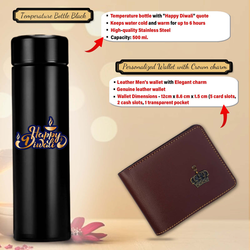 Diwali Gift Set – Men's Leather Wallet, King Charm, Keychain, Pen & 'Happy Diwali' Bottle.