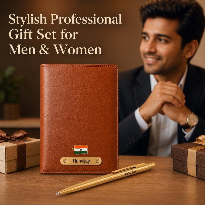 Customized Brown Diary & Branded Parker Golden Pen Gift Set with Name Engraved.