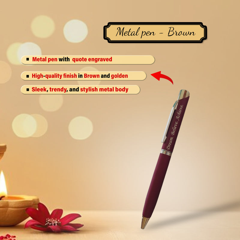 Diwali Gift Set - Leather Diary, Engraved Pen, Dry Fruit Jar & Diyas.