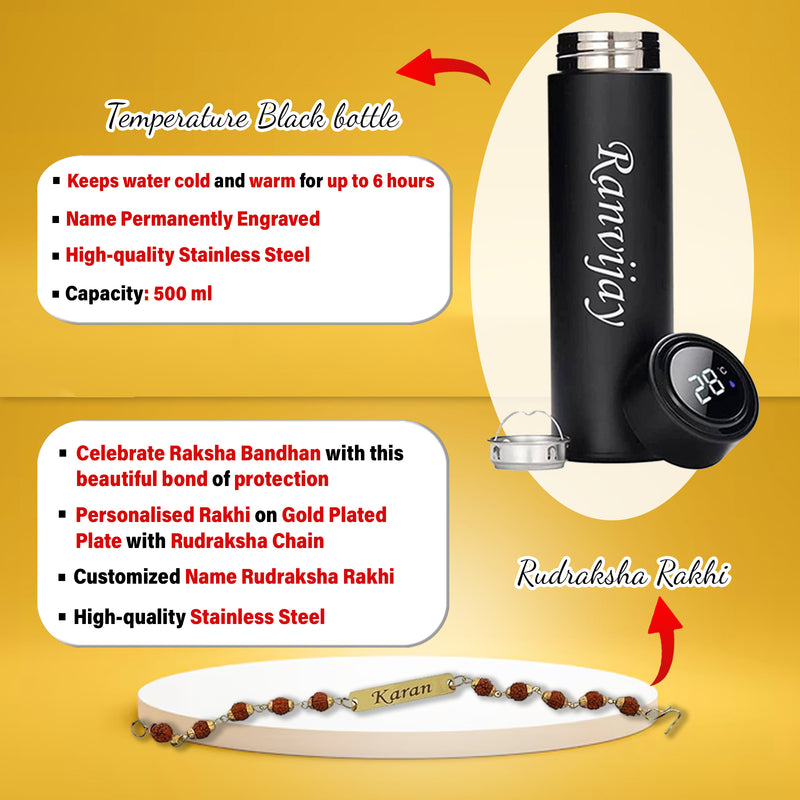 Personalized Rakshbandhan Combo- Temperature Bottle, Rudrakash Rakhi & Men's Wallet.