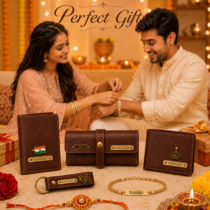 Customized Rakhi Gift for Men | Customized Men's Gift Combo Set 4 Pcs with Name Engraving & Golden Chain Rakhi