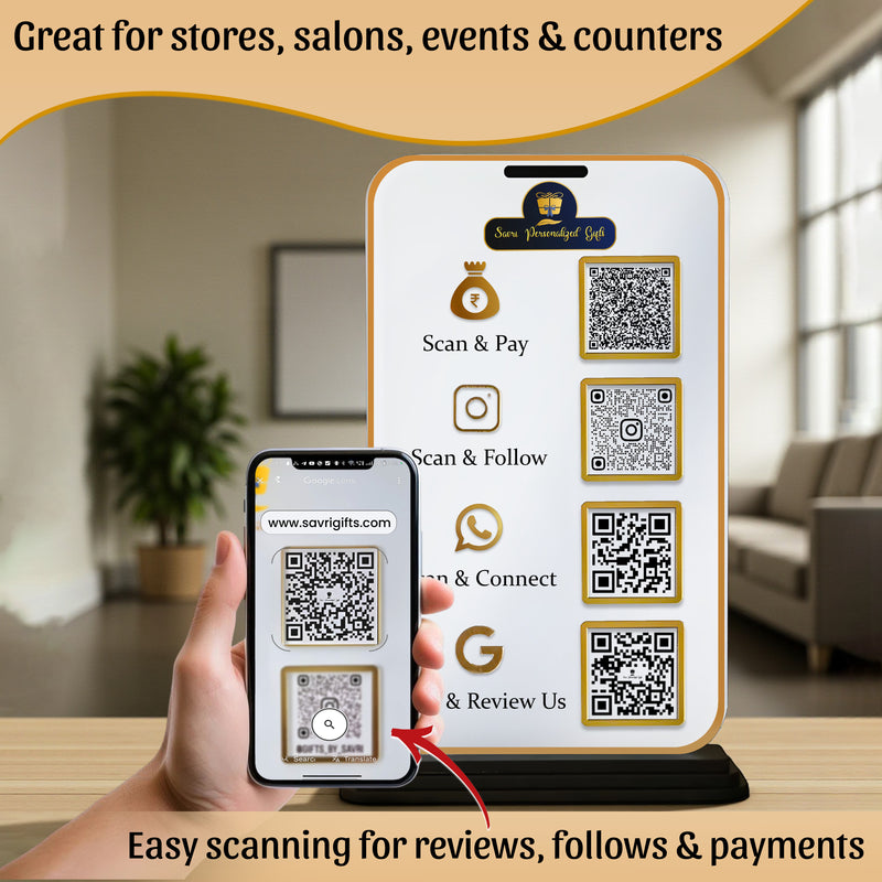 Custom Acrylic QR Code Stand with 4 QR Slots – 6x8 Inch Table Display