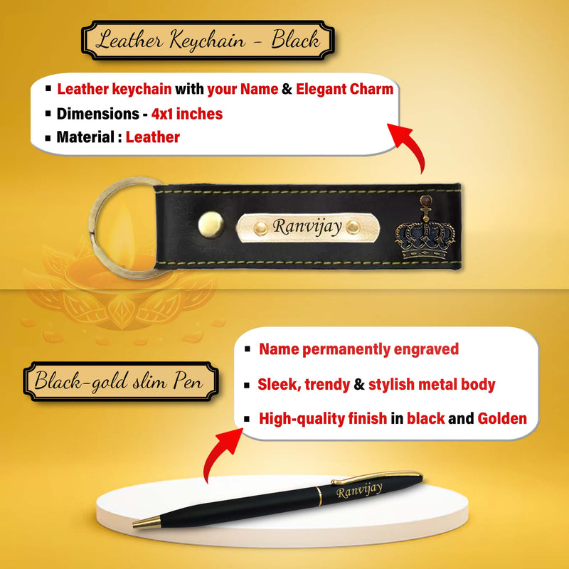 Diwali Gift Set for Men – Leather Wallet, Keychain, Bottle, Custom Pen With Dry Fruits & Diyas.