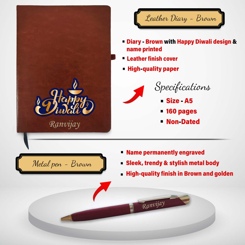 Diwali Gift Set – Pen, Diary, Pen Stand with Name & 'Happy Diwali' Quote.