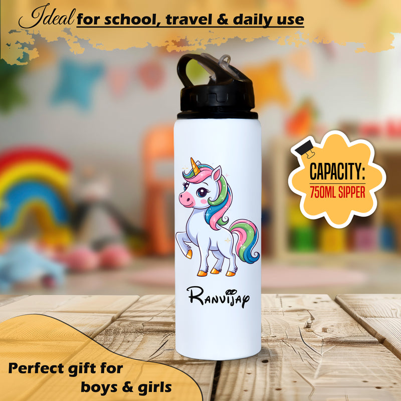 Customized Name & Cartoon Printed Aluminium Sipper Bottle for Kids .