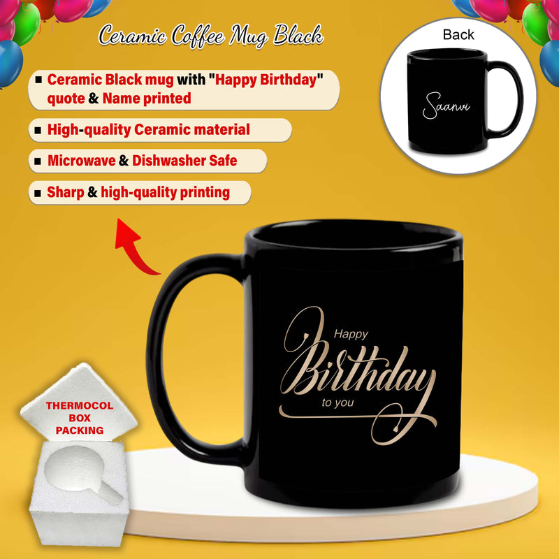 Birthday Gift Combo – Black Ceramic Coffee Mug & Acrylic Keychain  with 'Happy Birthday' Quote & Custom Name