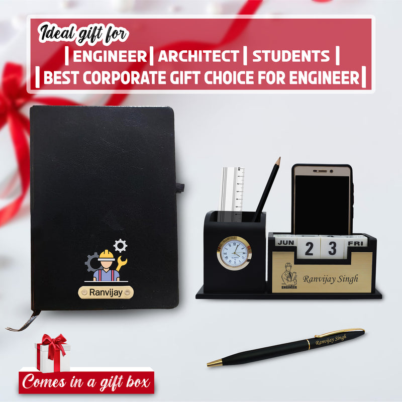 Customized Engineer's Combo Set-Slim Pen, Pen Stand with (Engineer Logo),& A5 Black Diary